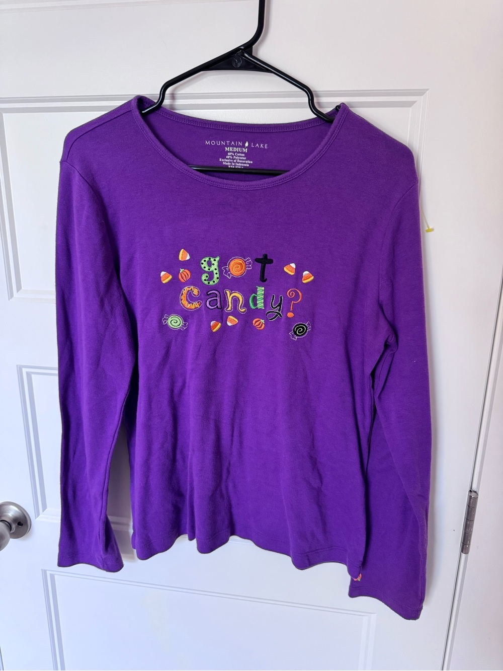 Mountain Lake Purple "Got Candy?" Long Sleeve women’s top embroidered